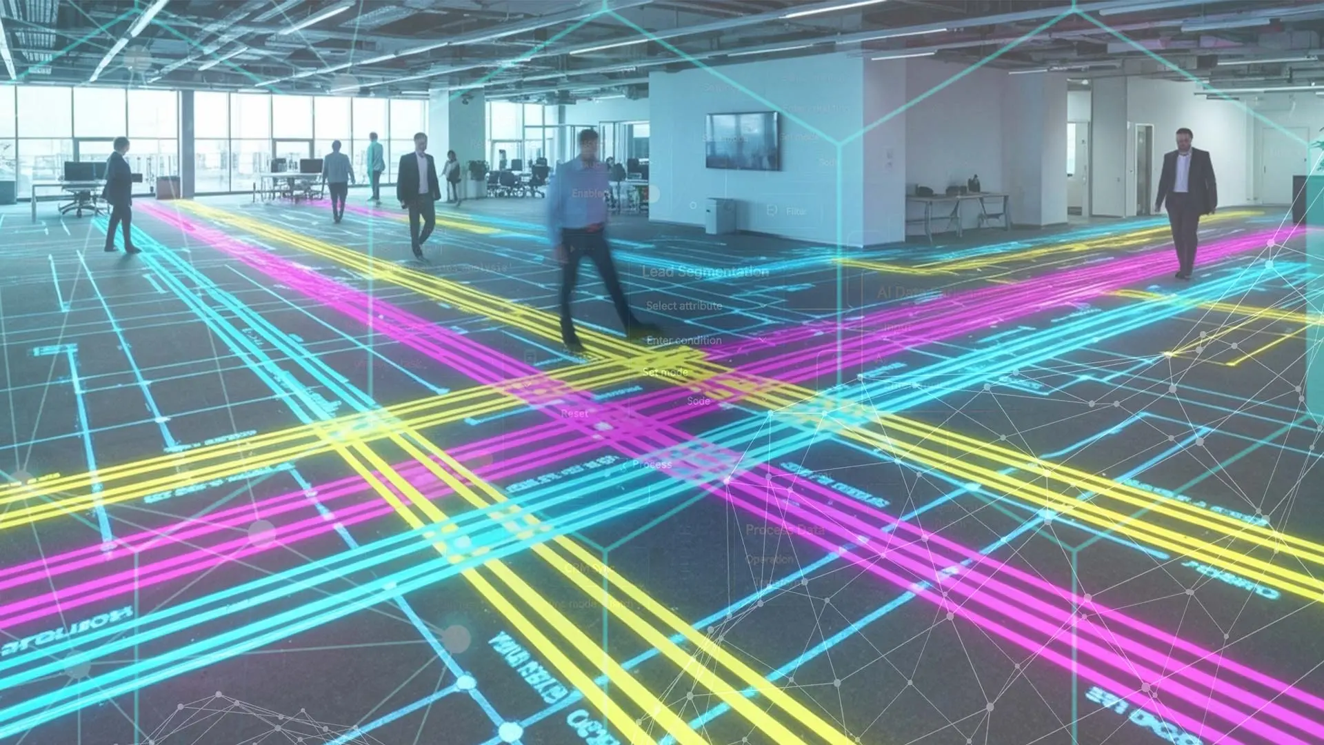 team aziendale si muove su percorsi luminosi programmati da intelligenza artificiale