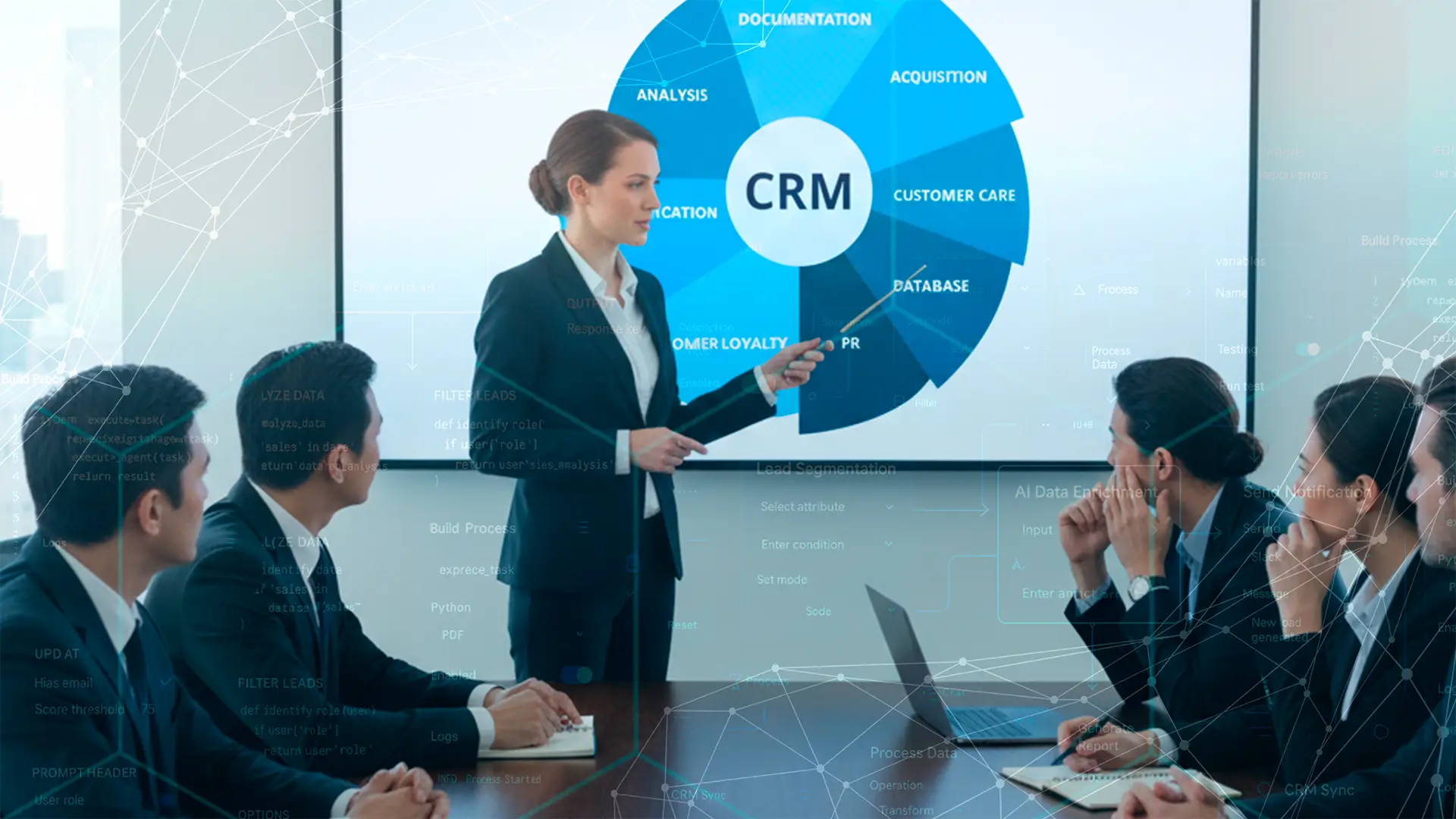 una dirigente aziendale spiega al team dubbioso come l'utilizzo di un crm costruito su misura possa semplificare e migliorare i processi lavorativi