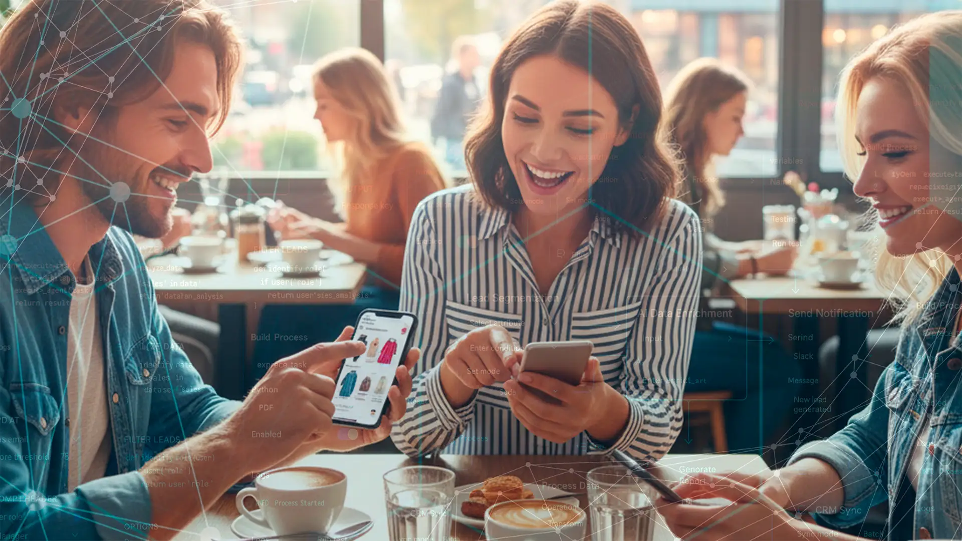 gruppo di persone al bar che fa acquisti online dal proprio smartphone