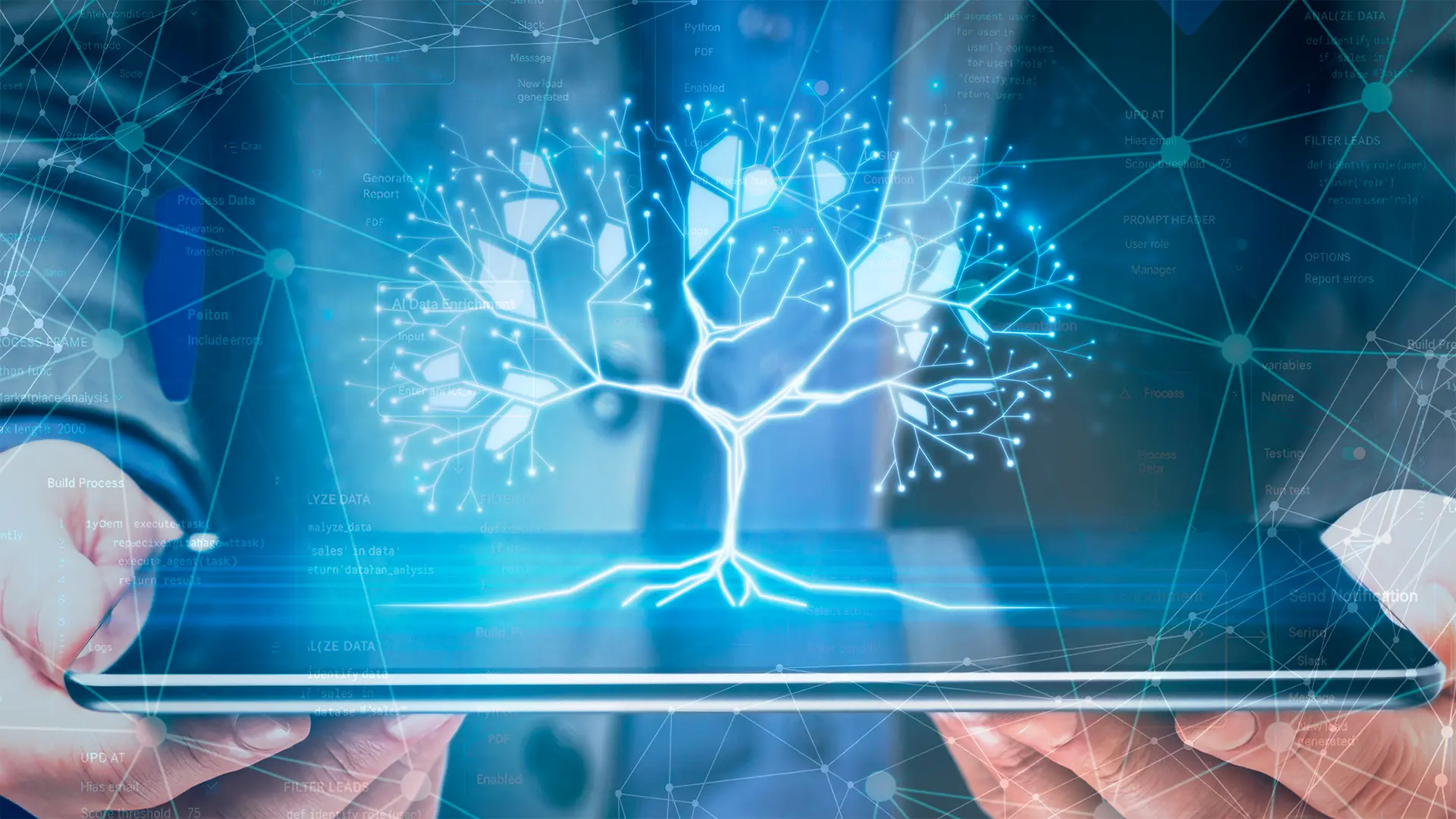 ologramma di un albero digitale che nasce dallo schermo di un tablet